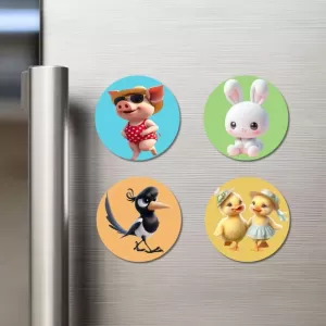 Pig, Rabbit, Magpie, And Ducklings. Fridge Magnets – 4 Piece Set | 3 Inch Round Wall Fridge Decor (F22852) Pig, Rabbit, Magpie, And Ducklings. Fridge Magnets – 4 Piece Set | 3 Inch Round Wall Fridge Decor (F22852)