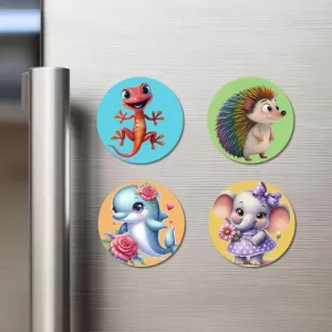 Lizard, Hedgehog, Dolphin, And Elephant. Fridge Magnets Ã¢â‚¬â€œ 4 Piece Set | 3 Inch Round Wall Fridge Decor (F22857)