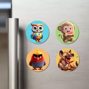 Owl, Monkey, Angry Bird, And Hyena. Fridge Magnets – 4 Piece Set | 3 Inch Round Wall Fridge Decor (F22868) Owl, Monkey, Angry Bird, And Hyena. Fridge Magnets – 4 Piece Set | 3 Inch Round Wall Fridge Decor (F22868)