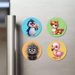 Penguin, Llama, Porcupine, And Flamingo. Fridge Magnets – 4 Piece Set | 3 Inch Round Wall Fridge Decor (F22869) Penguin, Llama, Porcupine, And Flamingo. Fridge Magnets – 4 Piece Set | 3 Inch Round Wall Fridge Decor (F22869)