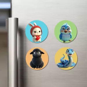 Rabbit, Bluebird, Sheep, And Snake. Fridge Magnets – 4 Piece Set | 3 Inch Round Wall Fridge Decor (F22871) Rabbit, Bluebird, Sheep, And Snake. Fridge Magnets – 4 Piece Set | 3 Inch Round Wall Fridge Decor (F22871)