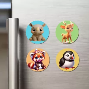 Rhino, Deer, Red Panda, And Puffin. Fridge Magnets – 4 Piece Set | 3 Inch Round Wall Fridge Decor (F22873) Rhino, Deer, Red Panda, And Puffin. Fridge Magnets – 4 Piece Set | 3 Inch Round Wall Fridge Decor (F22873)