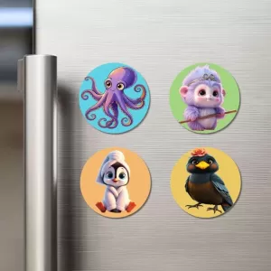 Octopus, Monkey, Penguin, And Bird. Fridge Magnets Ã¢â‚¬â€œ 4 Piece Set | 3 Inch Round Wall Fridge Decor (F22874)