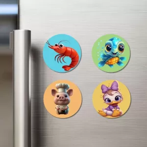 Shrimp, Turtle, Pig, And Duck. Fridge Magnets – 4 Piece Set | 3 Inch Round Wall Fridge Decor (F22880) Shrimp, Turtle, Pig, And Duck. Fridge Magnets – 4 Piece Set | 3 Inch Round Wall Fridge Decor (F22880)
