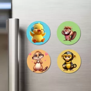 Chick, Squirrel, Meerkat, And Monkey. Fridge Magnets Ã¢â‚¬â€œ 4 Piece Set | 3 Inch Round Wall Fridge Decor (F22882)