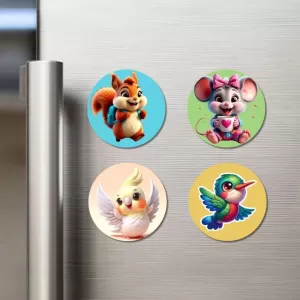 Squirrel, Mouse, Cockatiel, And Hummingbird. Fridge Magnets – 4 Piece Set | 3 Inch Round Wall Fridge Decor (F22885) Squirrel, Mouse, Cockatiel, And Hummingbird. Fridge Magnets – 4 Piece Set | 3 Inch Round Wall Fridge Decor (F22885)