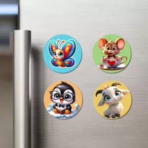 Butterfly, Mouse, Penguin, And Goat. Fridge Magnets Ã¢â‚¬â€œ 4 Piece Set | 3 Inch Round Wall Fridge Decor (F22886)