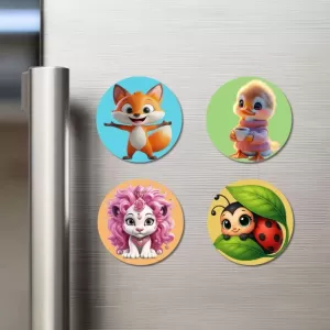Fox, Duckling, Lion, And Ladybug. Fridge Magnets – 4 Piece Set | 3 Inch Round Wall Fridge Decor (F22887) Fox, Duckling, Lion, And Ladybug. Fridge Magnets – 4 Piece Set | 3 Inch Round Wall Fridge Decor (F22887)