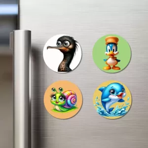 Ostrich, Duck, Snail, And Dolphin. Fridge Magnets – 4 Piece Set | 3 Inch Round Wall Fridge Decor (F22888) Ostrich, Duck, Snail, And Dolphin. Fridge Magnets – 4 Piece Set | 3 Inch Round Wall Fridge Decor (F22888)