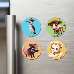 Woodpecker, Cow, Boar, And Lion. Fridge Magnets Ã¢â‚¬â€œ 4 Piece Set | 3 Inch Round Wall Fridge Decor (F22889)