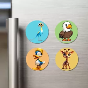 Roadrunner, Eagle, Duck, And Giraffe. Fridge Magnets Ã¢â‚¬â€œ 4 Piece Set | 3 Inch Round Wall Fridge Decor (F22890)