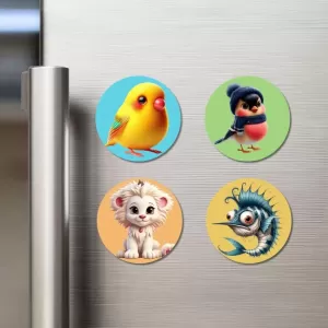 Chick, Bird, Lion, And Swordfish Fridge Magnets – 4 Piece Set | 3 Inch Round Wall Fridge Decor (F22891) Chick, Bird, Lion, And Swordfish Fridge Magnets – 4 Piece Set | 3 Inch Round Wall Fridge Decor (F22891)