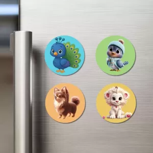 Peacock, Sparrow, Dog, And Lion. Fridge Magnets – 4 Piece Set | 3 Inch Round Wall Fridge Decor (F22893) Peacock, Sparrow, Dog, And Lion. Fridge Magnets – 4 Piece Set | 3 Inch Round Wall Fridge Decor (F22893)