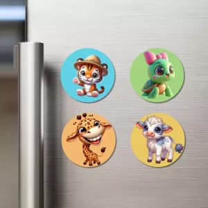 Chick, Flamingo, Lion, And Jellyfish Fridge Magnets Ã¢â‚¬â€œ 4 Piece Set | 3 Inch Round Wall Fridge Decor (F22894)