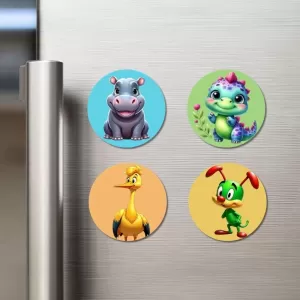 Hippo, Dinosaur, Duck, And Rabbit. Fridge Magnets – 4 Piece Set | 3 Inch Round Wall Fridge Decor (F22898) Hippo, Dinosaur, Duck, And Rabbit. Fridge Magnets – 4 Piece Set | 3 Inch Round Wall Fridge Decor (F22898)