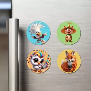 Eagle, Pig, Owl, And Fox Fridge Magnets – 4 Piece Set | 3 Inch Round Wall Fridge Decor (F22899) Eagle, Pig, Owl, And Fox Fridge Magnets – 4 Piece Set | 3 Inch Round Wall Fridge Decor (F22899)