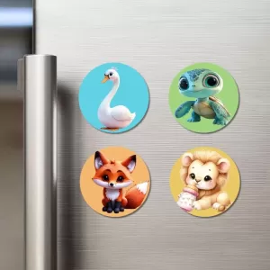 Swan, Turtle, Fox, And Lion. Fridge Magnets – 4 Piece Set | 3 Inch Round Wall Fridge Decor (F22902) Swan, Turtle, Fox, And Lion. Fridge Magnets – 4 Piece Set | 3 Inch Round Wall Fridge Decor (F22902)