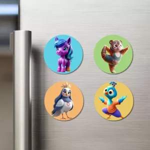 Pony, Bear, Sparrow, And Peacock Fridge Magnets – 4 Piece Set | 3 Inch Round Wall Fridge Decor (F22906) Pony, Bear, Sparrow, And Peacock Fridge Magnets – 4 Piece Set | 3 Inch Round Wall Fridge Decor (F22906)