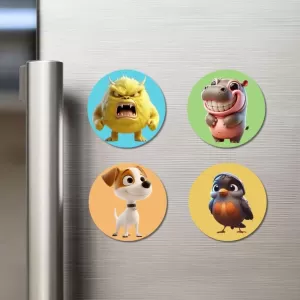 Monster, Hippo, Dog, And Sparrow. Fridge Magnets – 4 Piece Set | 3 Inch Round Wall Fridge Decor (F22907) Monster, Hippo, Dog, And Sparrow. Fridge Magnets – 4 Piece Set | 3 Inch Round Wall Fridge Decor (F22907)
