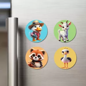 Duck, Goat, Dog, And Ostrich. Fridge Magnets – 4 Piece Set | 3 Inch Round Wall Fridge Decor (F22908) Duck, Goat, Dog, And Ostrich. Fridge Magnets – 4 Piece Set | 3 Inch Round Wall Fridge Decor (F22908)