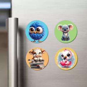 Sparrow, Koala, Cow, And Owl. Fridge Magnets – 4 Piece Set | 3 Inch Round Wall Fridge Decor (F22909) Sparrow, Koala, Cow, And Owl. Fridge Magnets – 4 Piece Set | 3 Inch Round Wall Fridge Decor (F22909)