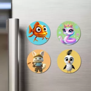 Fish, Snake, Rabbit, And Sparrow. Fridge Magnets – 4 Piece Set | 3 Inch Round Wall Fridge Decor (F22911) Fish, Snake, Rabbit, And Sparrow. Fridge Magnets – 4 Piece Set | 3 Inch Round Wall Fridge Decor (F22911)
