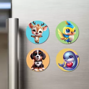 Deer, Sparrow, Dog, And Dolphin. Fridge Magnets – 4 Piece Set | 3 Inch Round Wall Fridge Decor (F22913) Deer, Sparrow, Dog, And Dolphin. Fridge Magnets – 4 Piece Set | 3 Inch Round Wall Fridge Decor (F22913)