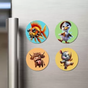 Goldfish, Duckling, Yak, And Rhino. Fridge Magnets – 4 Piece Set | 3 Inch Round Wall Fridge Decor (F22917) Goldfish, Duckling, Yak, And Rhino. Fridge Magnets – 4 Piece Set | 3 Inch Round Wall Fridge Decor (F22917)