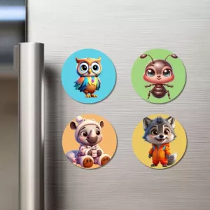 Owl, Ant, Rhino, And Wolf. Fridge Magnets – 4 Piece Set | 3 Inch Round Wall Fridge Decor (F22918) Owl, Ant, Rhino, And Wolf. Fridge Magnets – 4 Piece Set | 3 Inch Round Wall Fridge Decor (F22918)