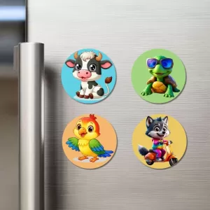 Cow, Turtle, Parrot, And Wolf. Fridge Magnets – 4 Piece Set | 3 Inch Round Wall Fridge Decor (F22921) Cow, Turtle, Parrot, And Wolf. Fridge Magnets – 4 Piece Set | 3 Inch Round Wall Fridge Decor (F22921)