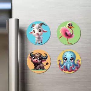 Goat, Flamingo, Buffalo, And Octopus. Fridge Magnets – 4 Piece Set | 3 Inch Round Wall Fridge Decor (F22922) Goat, Flamingo, Buffalo, And Octopus. Fridge Magnets – 4 Piece Set | 3 Inch Round Wall Fridge Decor (F22922)