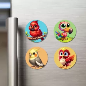 Cardinal, Parrot, Cockatiel, And Phoenix. Fridge Magnets – 4 Piece Set | 3 Inch Round Wall Fridge Decor (F22924) Cardinal, Parrot, Cockatiel, And Phoenix. Fridge Magnets – 4 Piece Set | 3 Inch Round Wall Fridge Decor (F22924)