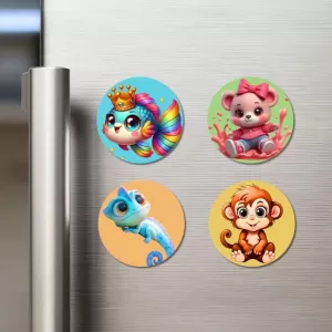 Rainbow Fish, Mouse, Chameleon, And Monkey. Fridge Magnets Ã¢â‚¬â€œ 4 Piece Set | 3 Inch Round Wall Fridge Decor (F22926)