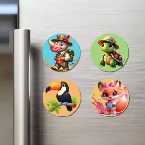 Rhino, Turtle, Toucan, And Fox. Fridge Magnets Ã¢â‚¬â€œ 4 Piece Set | 3 Inch Round Wall Fridge Decor (F22927)