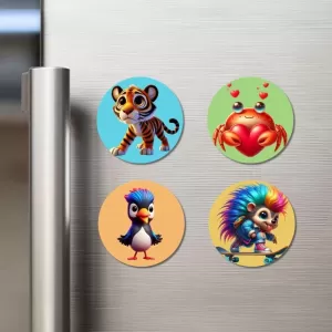 Tiger, Crab, Penguin, And Hedgehog. Fridge Magnets – 4 Piece Set | 3 Inch Round Wall Fridge Decor (F22930) Tiger, Crab, Penguin, And Hedgehog. Fridge Magnets – 4 Piece Set | 3 Inch Round Wall Fridge Decor (F22930)