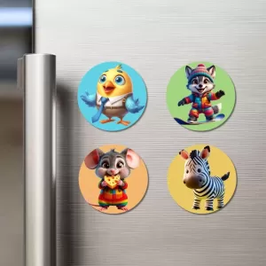 Chick, Wolf, Mouse, And Zebra. Fridge Magnets Ã¢â‚¬â€œ 4 Piece Set | 3 Inch Round Wall Fridge Decor (F22933)