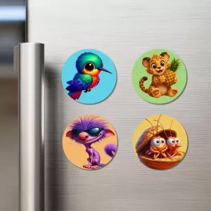 Hummingbird, Leopard, Purple Creature, And Hermit Crabs. Fridge Magnets Ã¢â‚¬â€œ 4 Piece Set | 3 Inch Round Wall Fridge Decor (F22937)