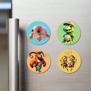 Shrimp, Turtle, Ibex, And Bees. Fridge Magnets Ã¢â‚¬â€œ 4 Piece Set | 3 Inch Round Wall Fridge Decor (F22941)