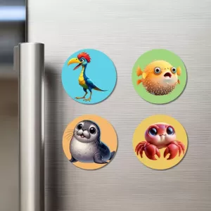 Bird, Pufferfish, Seal, And Crab. Fridge Magnets – 4 Piece Set | 3 Inch Round Wall Fridge Decor (F22942) Bird, Pufferfish, Seal, And Crab. Fridge Magnets – 4 Piece Set | 3 Inch Round Wall Fridge Decor (F22942)