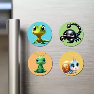 Lizard, Scorpion, Grasshopper, And Snail. Fridge Magnets – 4 Piece Set | 3 Inch Round Wall Fridge Decor (F22943) Lizard, Scorpion, Grasshopper, And Snail. Fridge Magnets – 4 Piece Set | 3 Inch Round Wall Fridge Decor (F22943)