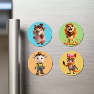 Wombat, Lion, Cow, And Fox. Fridge Magnets Ã¢â‚¬â€œ 4 Piece Set | 3 Inch Round Wall Fridge Decor (F22944)