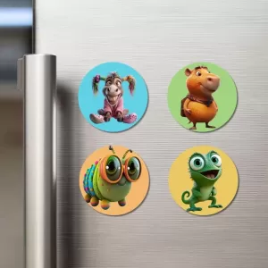Donkey, Capybara, Caterpillar, And Chameleon. Fridge Magnets Ã¢â‚¬â€œ 4 Piece Set | 3 Inch Round Wall Fridge Decor (F22946)