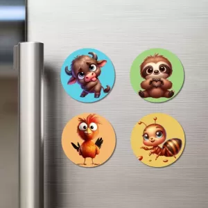 Buffalo, Sloth, Bird, And Ant. Fridge Magnets Ã¢â‚¬â€œ 4 Piece Set | 3 Inch Round Wall Fridge Decor (F22947)