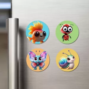 Goldfish, Ladybug, Butterfly, And Snail. Fridge Magnets – 4 Piece Set | 3 Inch Round Wall Fridge Decor (F22949) Goldfish, Ladybug, Butterfly, And Snail. Fridge Magnets – 4 Piece Set | 3 Inch Round Wall Fridge Decor (F22949)