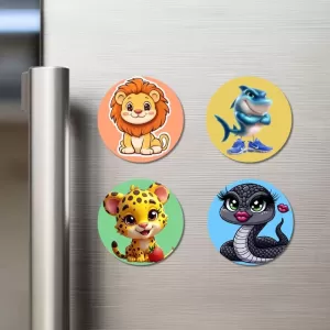 Lion, Shark, Leopard, And Snake. Fridge Magnets – 4 Piece Set | 3 Inch Round Wall Fridge Decor (F22953) Lion, Shark, Leopard, And Snake. Fridge Magnets – 4 Piece Set | 3 Inch Round Wall Fridge Decor (F22953)