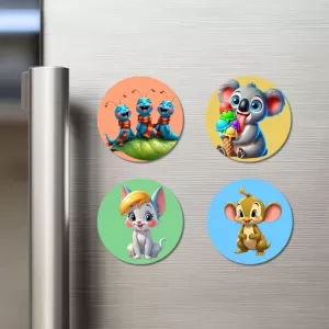 Dragonfly, Mouse, Penguin, And Panda. Fridge Magnets Ã¢â‚¬â€œ 4 Piece Set | 3 Inch Round Wall Fridge Decor (F22956)