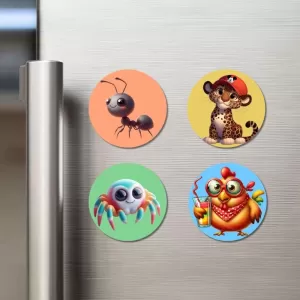 Horse, Raccoon, Bee, And Hippo. Fridge Magnets Ã¢â‚¬â€œ 4 Piece Set | 3 Inch Round Wall Fridge Decor (F22957)
