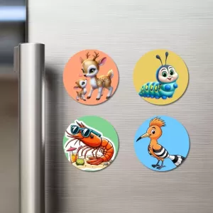 Deer, Caterpillar, Shrimp, And Hoopoe. Fridge Magnets – 4 Piece Set | 3 Inch Round Wall Fridge Decor (F22959) Deer, Caterpillar, Shrimp, And Hoopoe. Fridge Magnets – 4 Piece Set | 3 Inch Round Wall Fridge Decor (F22959)