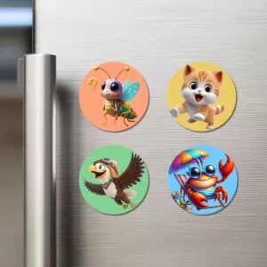 Monkey, Pigeon, Turtle, And Ladybug. Fridge Magnets Ã¢â‚¬â€œ 4 Piece Set | 3 Inch Round Wall Fridge Decor (F22960)