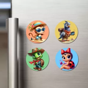 Monkey, Pigeon, Turtle, And Ladybug. Fridge Magnets Ã¢â‚¬â€œ 4 Piece Set | 3 Inch Round Wall Fridge Decor (F22961)